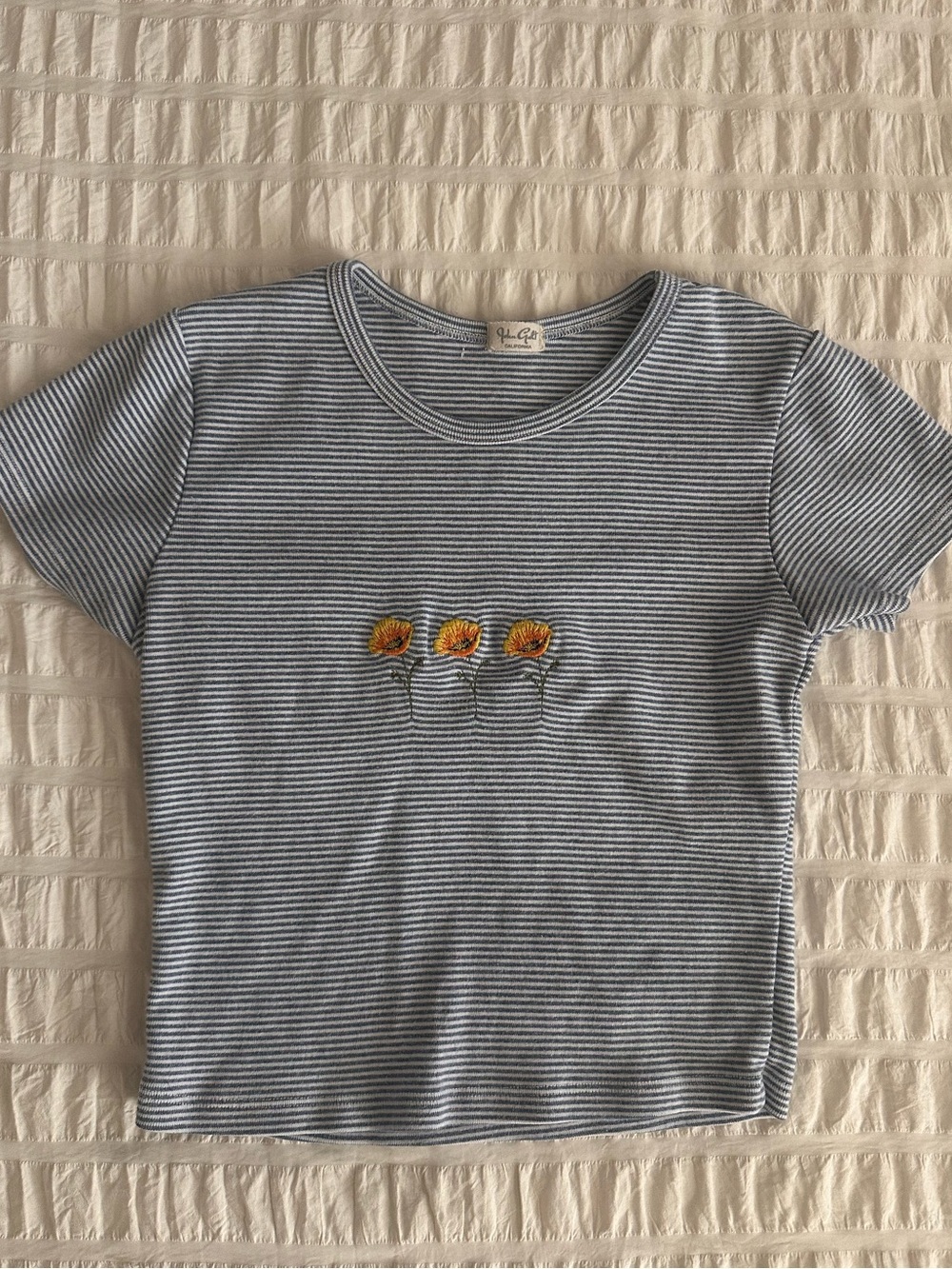 Brandy Melville /  John Galt Blue & White Striped Crop Top w/Yellow Flowers